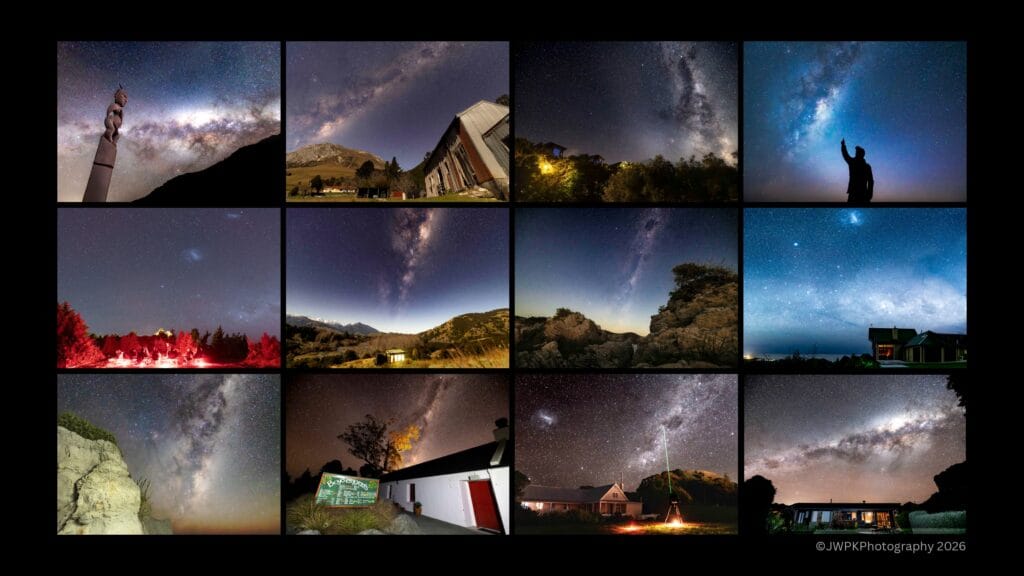 Grid of night-sky photos featuring the Milky Way, stars, and foregrounds like mountains, buildings, and trees.