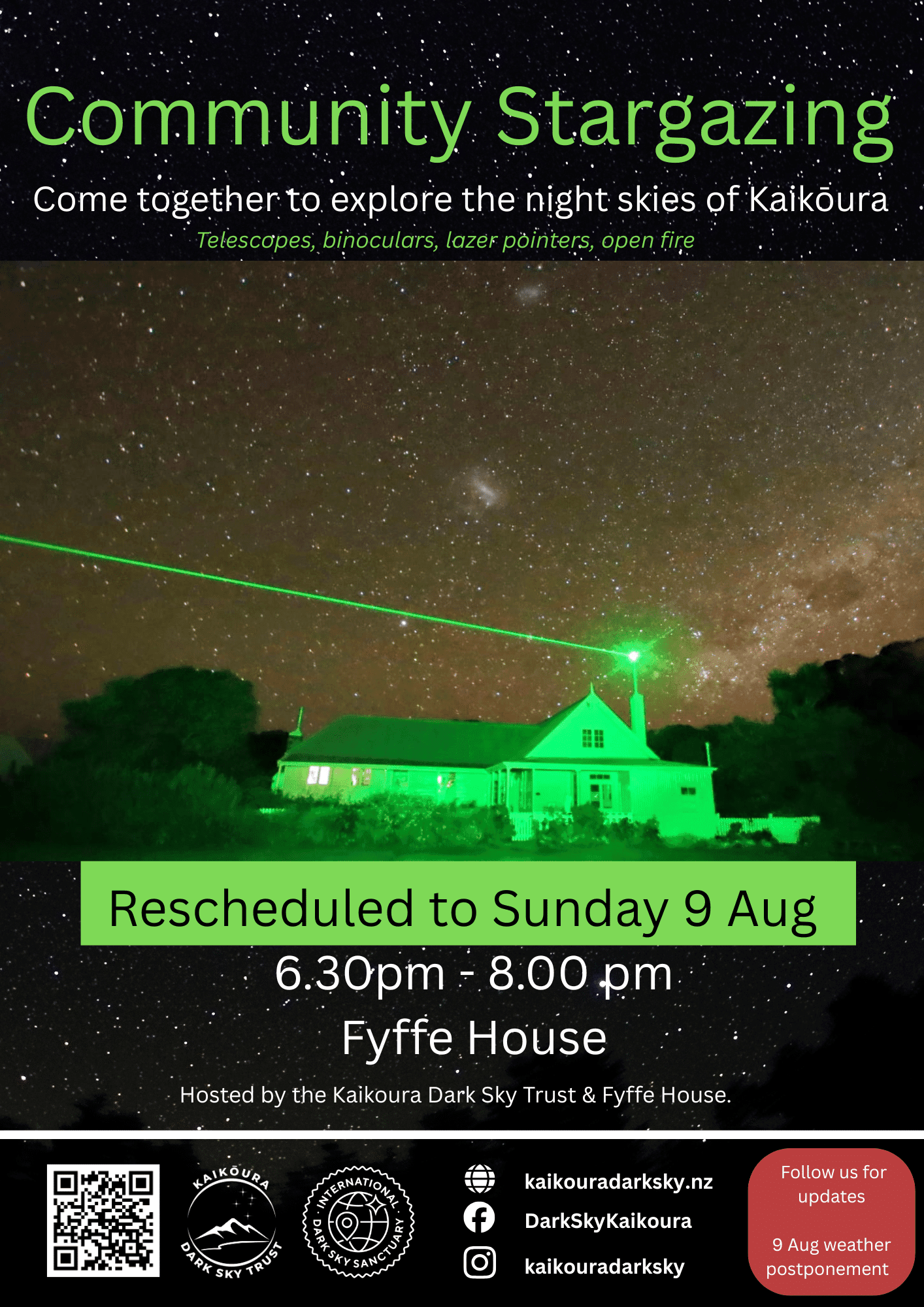 Nighttime scene of a green-lit house under a star-filled sky with a green laser line across.