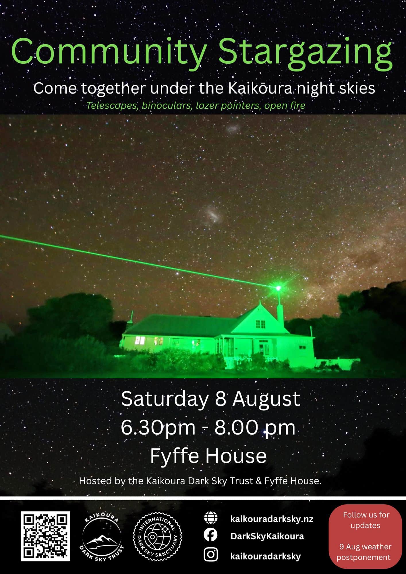 Night sky with stars over a green-lit house; a green laser line across.
