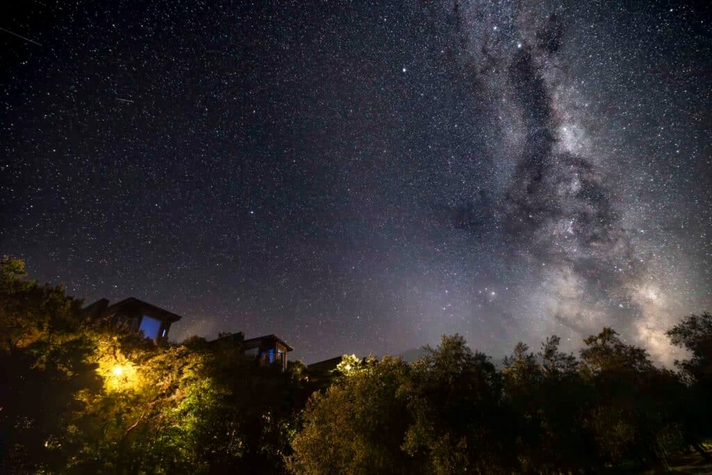 Star-filled night sky with the Milky Way over a suburban neighborhood and trees.