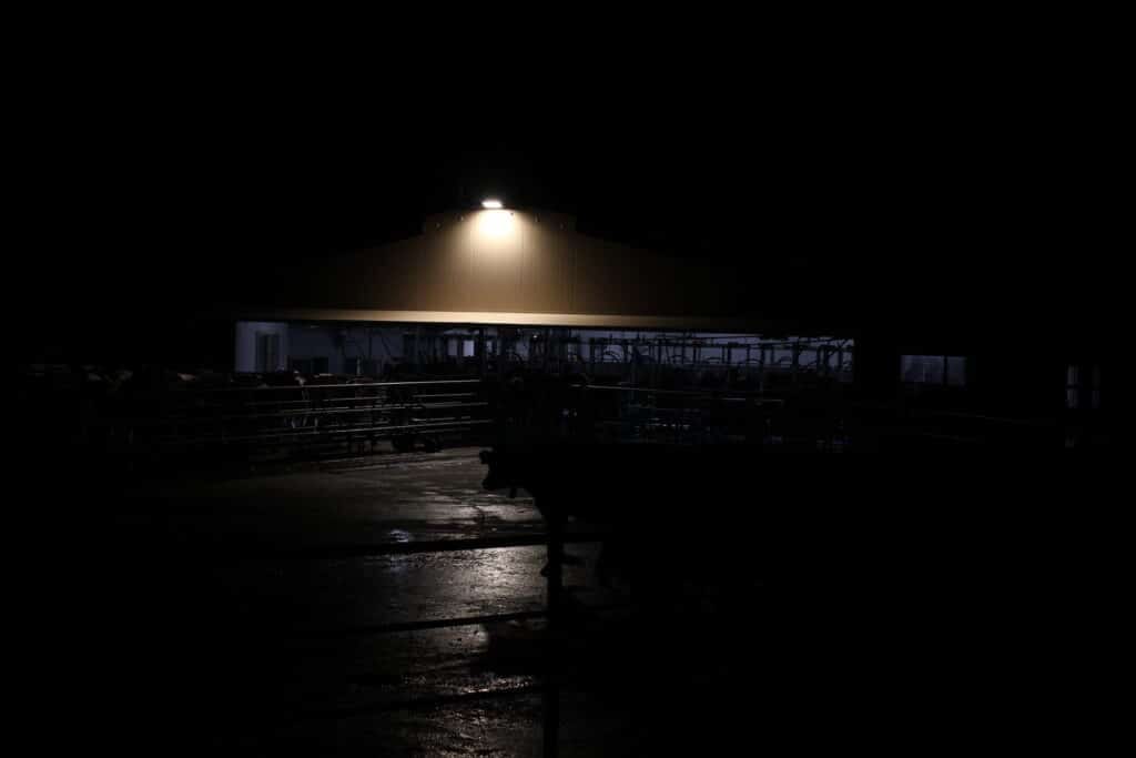 Dark warehouse at night lit by a single bright exterior light on the roof, surrounding is dark.