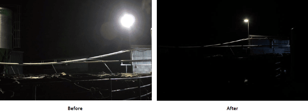 Night rooftop with bright overhead light, railing, pipes; left panel lit, right very dark.
